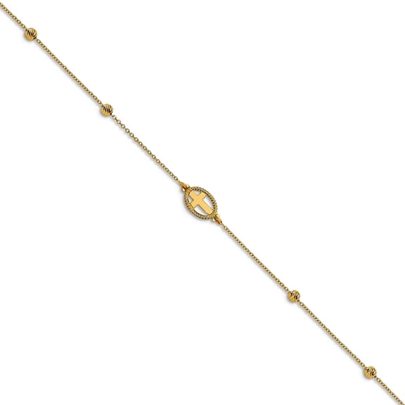 14k Gold Polished Sparkle-Cut Beaded Religious Faith Cross With 1inch Ext. Anklet 9.5 Inch 1mm Wide Anklet for Women