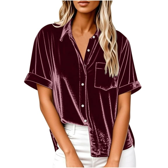 Taqqpue Women's Velvet Shirts Solid Button Collar Tops Short Sleeve Shirt Solid Basic Velour Blouse Casual Tee Tops