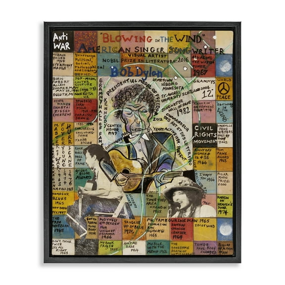 Stupell Industries Bob Dylan Collage People Drawing Black Floater Framed Canvas Art Print Wall Art, 17 x 21