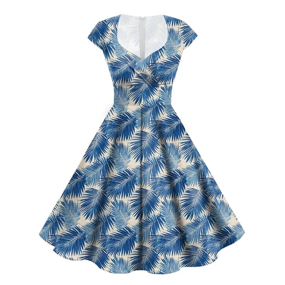 Pimfylm Cocktail Dresses for Wedding Guest, Womens Vintage 1950s Tea Party V Neck Short Sleeve A Line Midi Swing Dress Navy, S