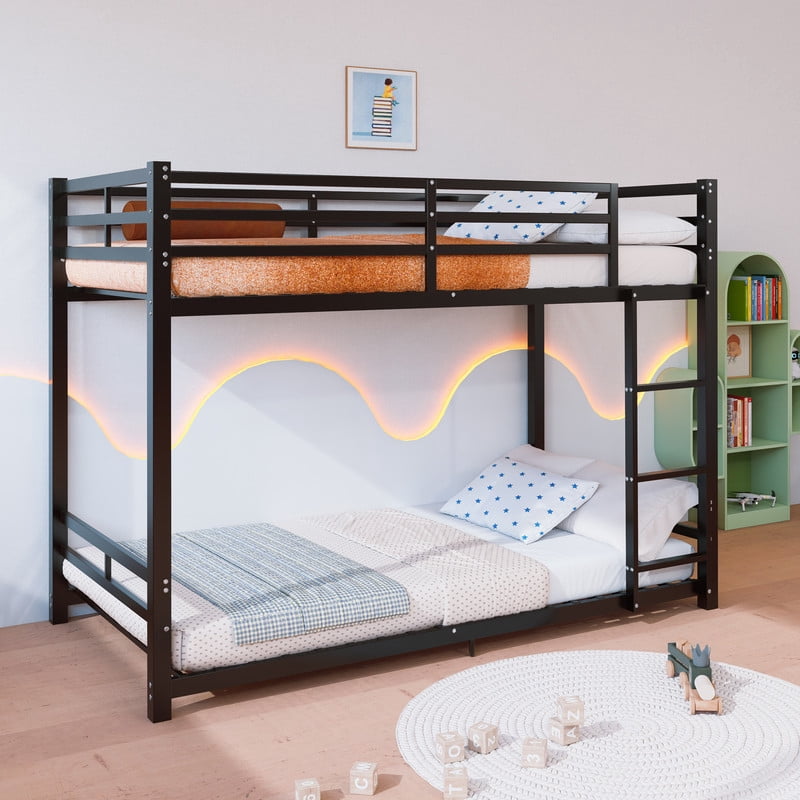 Twin Over Twin Metal Bunk Bed, Heavy-Duty Steel Bunk Bed with Safety Guardrails and Ladder, Low-Profile Design, 19 Metal Slats, 400/480 lbs Weight Capacity, No Box Spring Needed