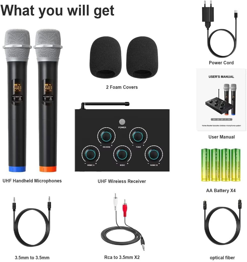 Rybozen Portable Karaoke Microphone Mixer System Set with Dual UHF Wireless, Black