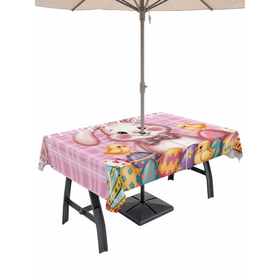 Pink Easter Bunny Outdoor Tablecloth - 52x70 Inch Rectangle Dining Table Cover, Spring Easter Eggs Chicken Floral Plaid Waterproof Outdoor Table Cloth with Umbrella Hole & Zipper for Picnic/Patio