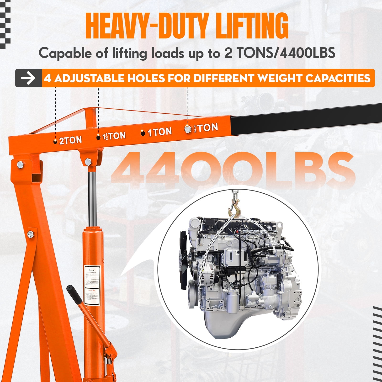 4400LBS Engine Hoist, Folding Hydraulic Hoists Cherry Picker, Heavy Duty Engine Crane Lifter, Orange,black,red,yellow