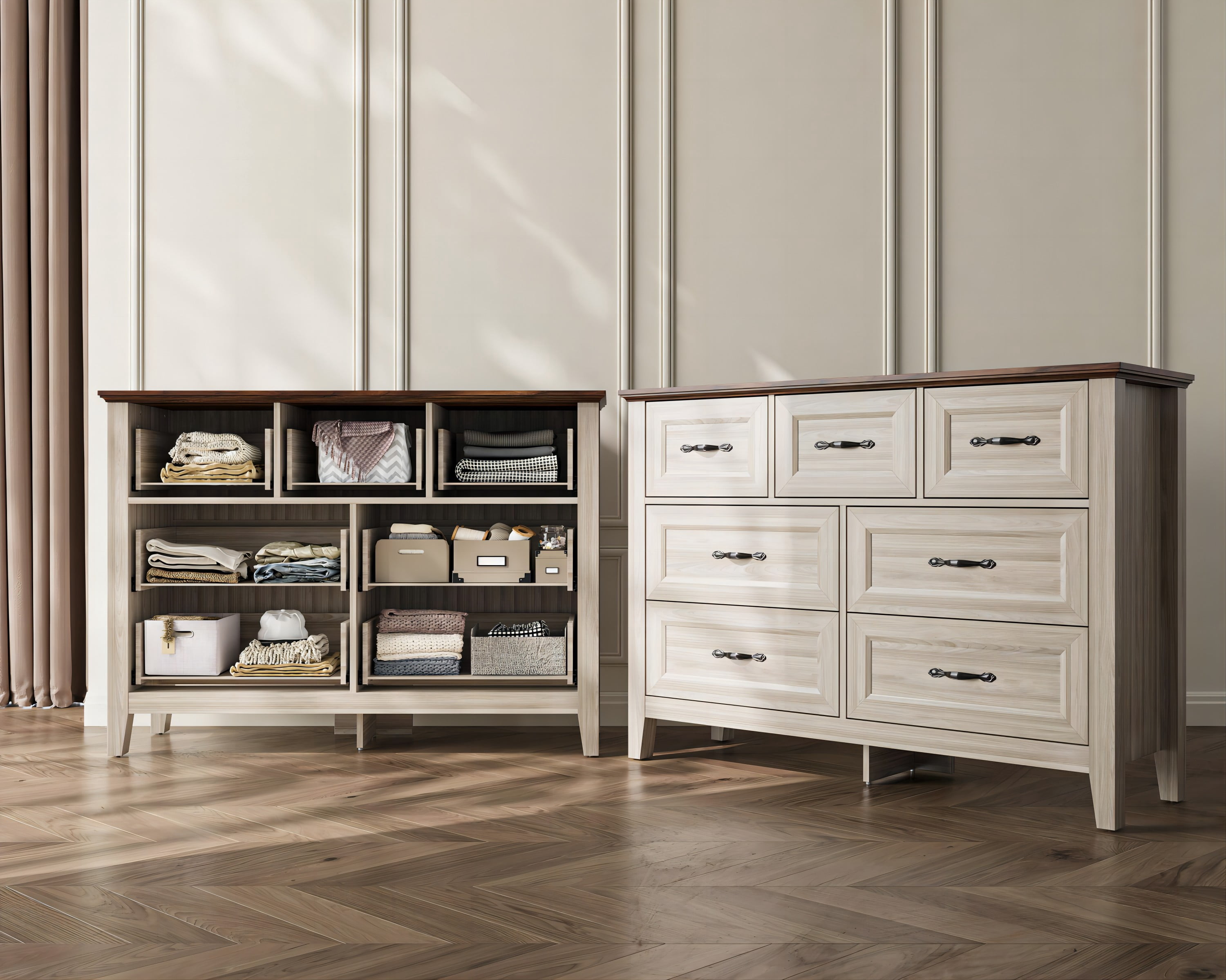 LINSY HOME Dresser for Bedroom, Long Dresser with 7 Drawers and Antique Handles, Chest of Drawers for Living Room, Entryway and Hallway, Rustic Oak