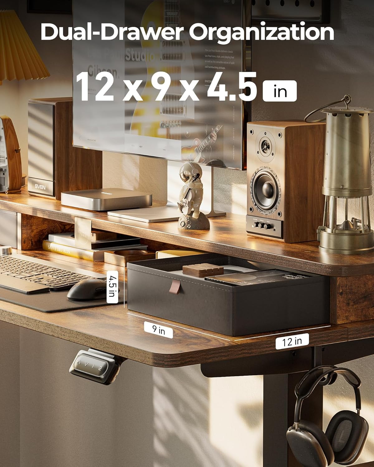 FEZIBO 40 x 24 Inch Height Adjustable Electric Standing Desk with Double Drawer, Computer Desk, Home Office Stand Up Table with 4 Height-Adjustable Feets & 2 Hooks, Rustic Brown