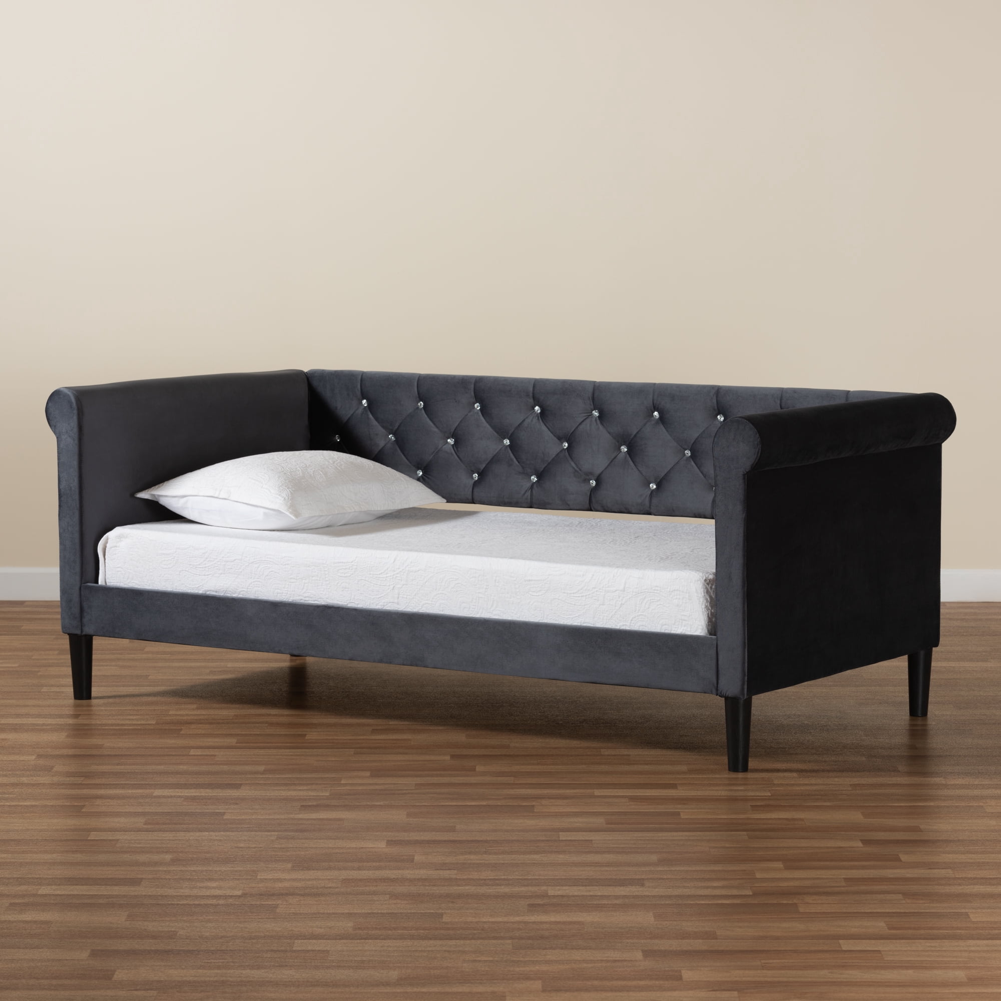 Baxton Studio Cora Modern and Contemporary Grey Velvet Fabric Upholstered and Dark Brown Finished Wood, Full Size Daybed
