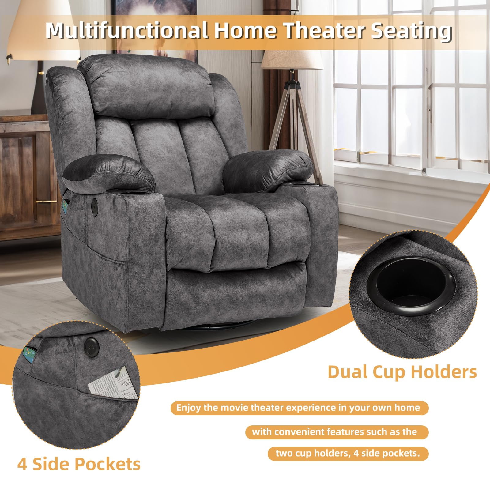 360° Swivel Glider Rocking Recliner Chair, Overstuffed Manual Massage Recliner with Heat and Vibration, Single Modern Sofa Home Seating for Living Room, USB Ports/Cup Holders (Plush-Grey)