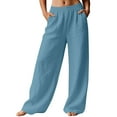 thumbnail image 5 of QATAINLAV Linen Pants Women Baggy Wide Leg Palazzo Pant Solid Casual Elastic Waist Travel Trousers with Pockets Beach Vacation Clothes, Blue, XXXL, 5 of 9