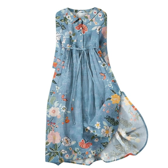 BangWanChi Wedding Guest Dresses for Women Maxi Dresses for Women Plus Size Dress Women Casual Temperament Elegant Loose Printed Lace Up Button Pleated 3/4 Sleeves Flip Collar Dress