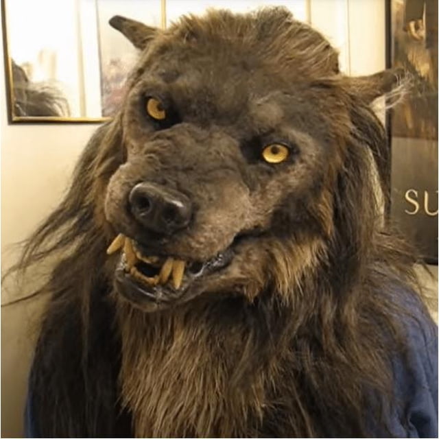 Máscara de hombre lobo con ojos brillantes, orejas y mandíbulas móviles para fiestas de cosplay de Halloween (lobo negro).