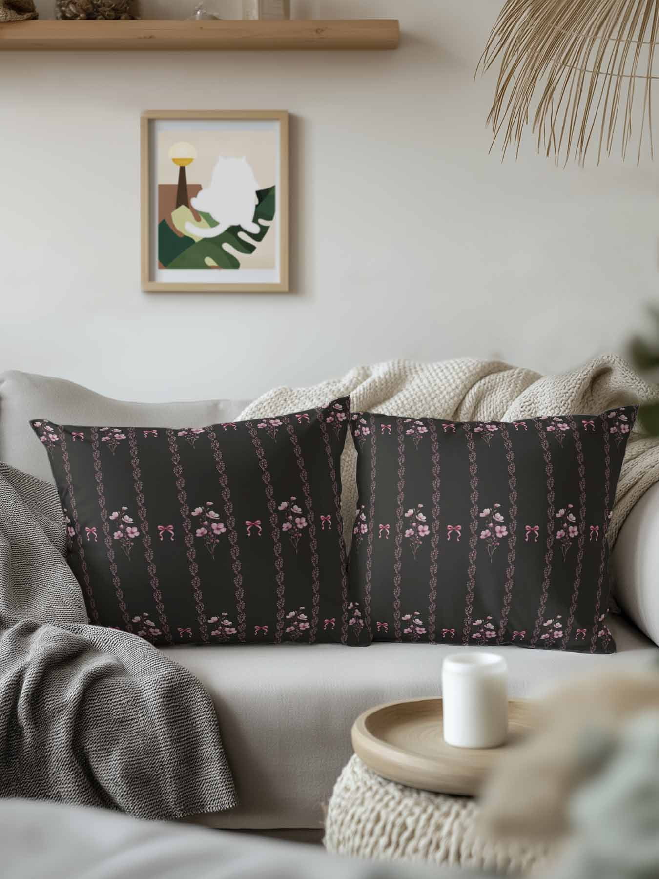 1 Pack Outdoor Throw Pillow, Spring Floral Waterproof Pillow with Insert Included, Vintage Bohemia Flowers Leaves Bows Black Decorative Accent Cushion Sofa Pillows for Patio Porch, 16 x 16 In