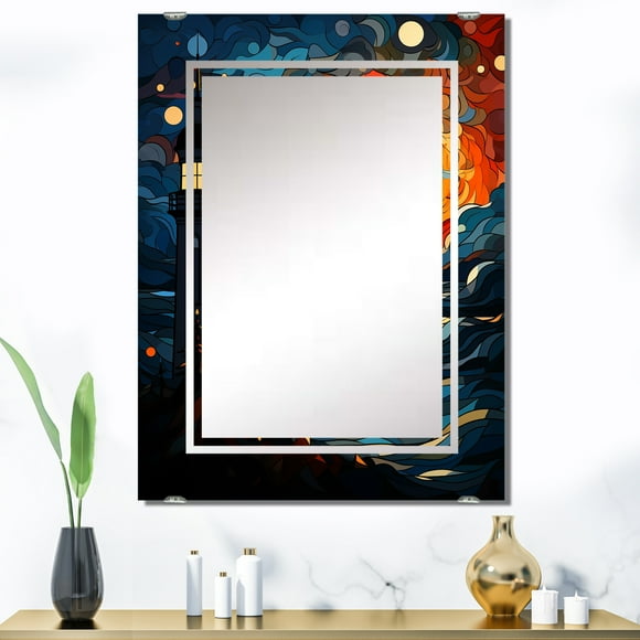 Designart "Serenity under the Moonlit Sky III" Lighthouses Oversized Wall Mirror - Coastal Architecture Bathroom Wall Mirror Decor - Multiple Color Options