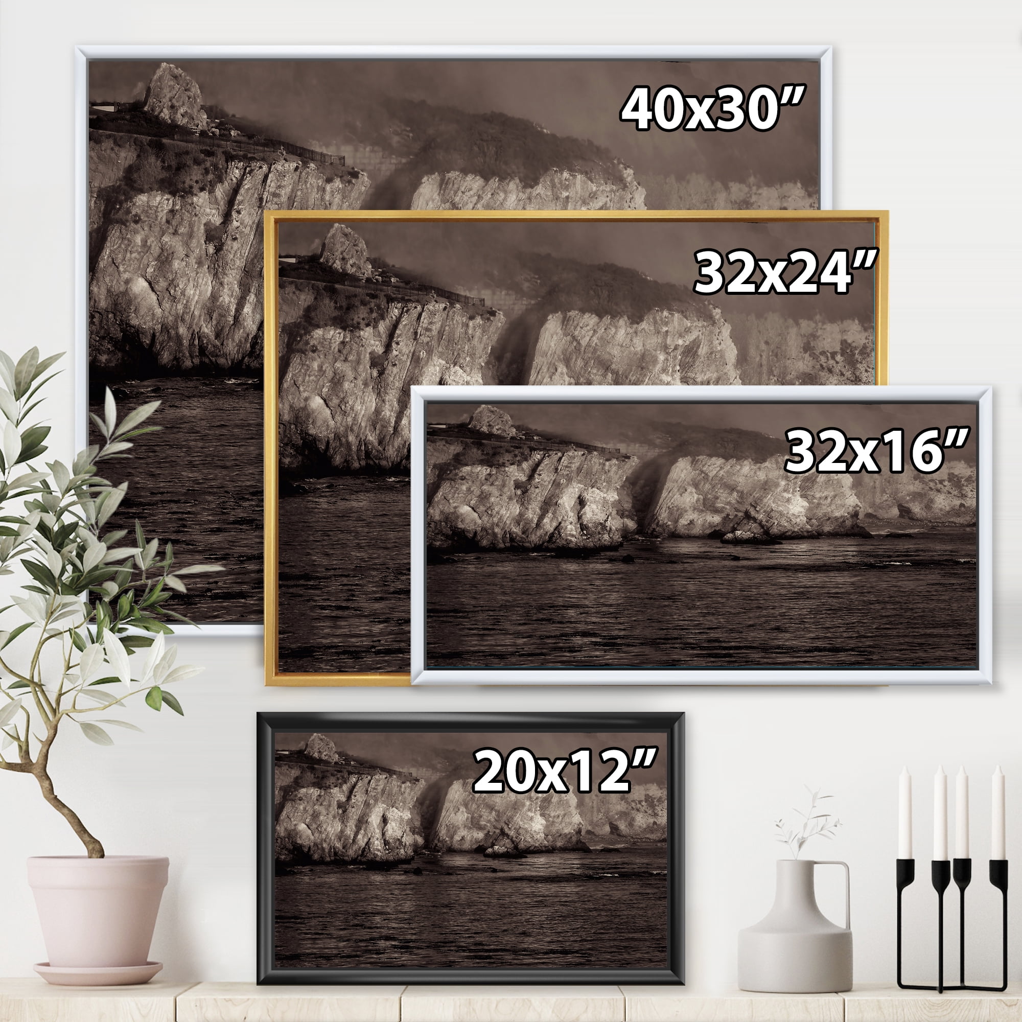 Designart 'Gold Cliffs Over Sea In The Fog' Modern Framed Canvas Wall Art Print