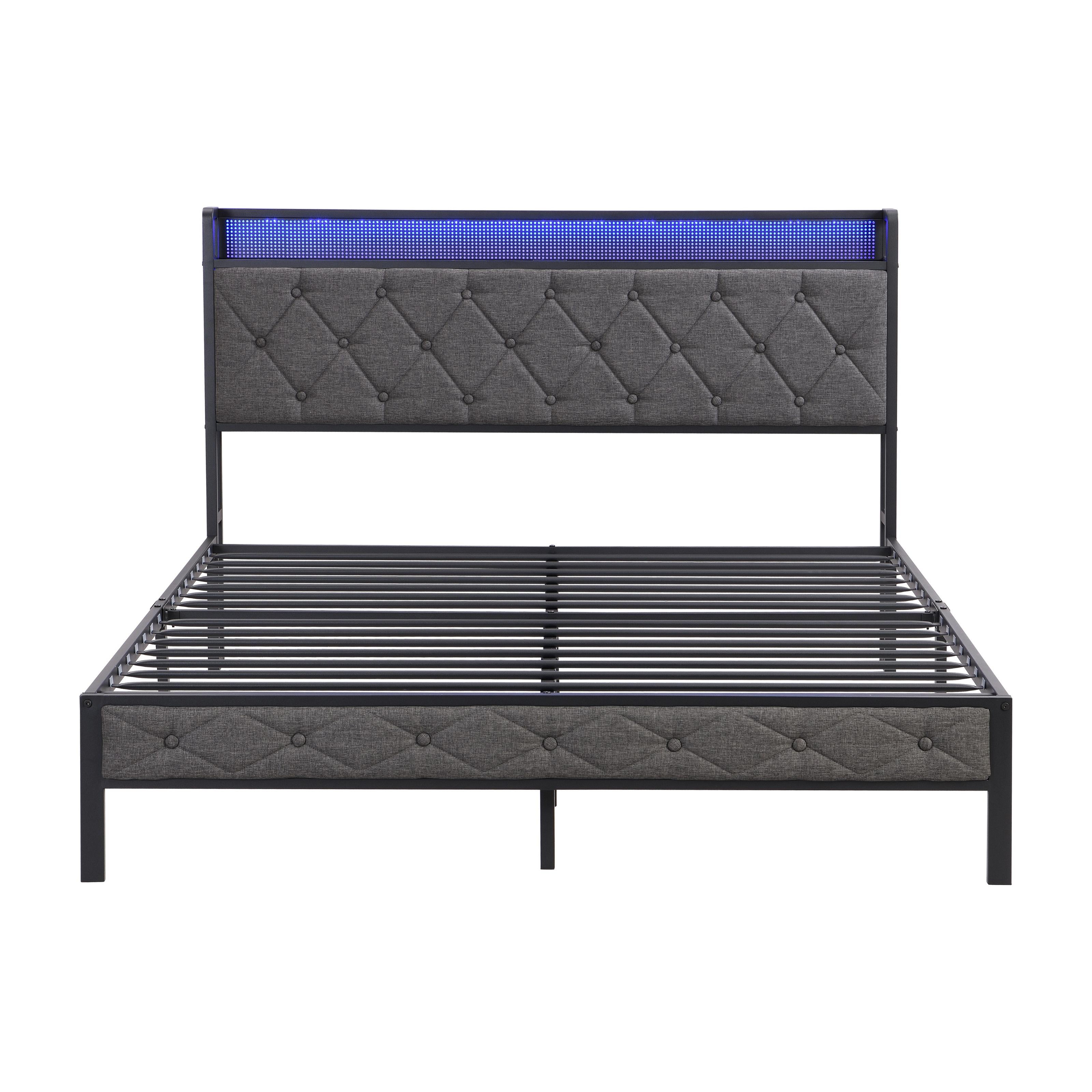 Full Bed Frame with Headboard,Led Lights,Charging Station,Upholstered Platform Bed,Solid and Stable, Noise Free, No Box Spring Needed, Easy Assembly