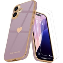 3-in-1 Entronix Bundle for iPhone 16, Love Heart Cute Slim Case 2 Screen Protector, Purple