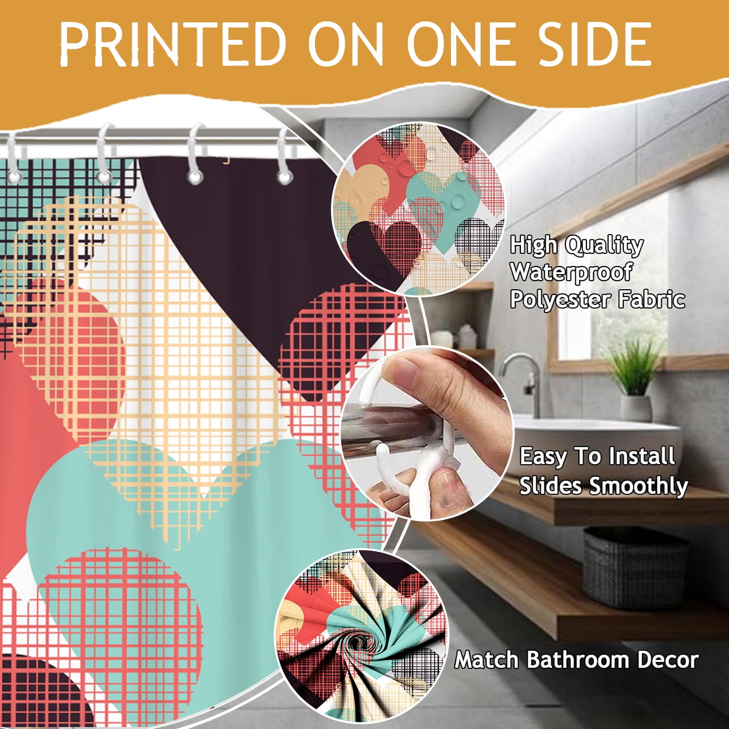 Mizhona Valentine's Day Shower Curtain Colorful Hearts Bathroom Curtains with Hooks 72"x78"