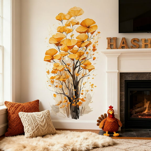 HOARBOEG Ginkgo Blossoms Wall Stickers, 2-Pack Large Fall Thanksgiving Harvest Festival Decorative PVC Vinyl Wall Decals for Entrance, Window, Door, Living Room, Bedroom, Sofa Background
