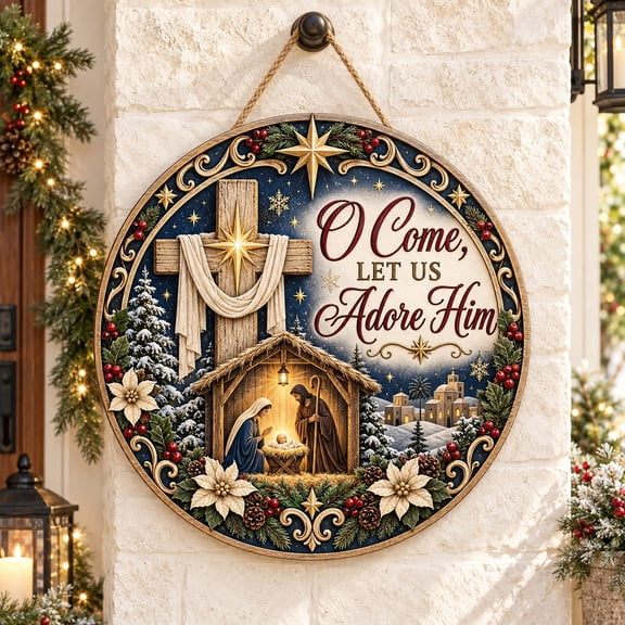 Nativity Scene Cross Wooden Door Sign for Christian Christmas Entryway Decor