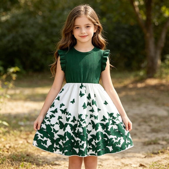 Girls Sleeveless Bowknot Strap Dress, Embossed Floral A-line Sundress, Casual Summer Party Dress For Kids Green 6-7 Years