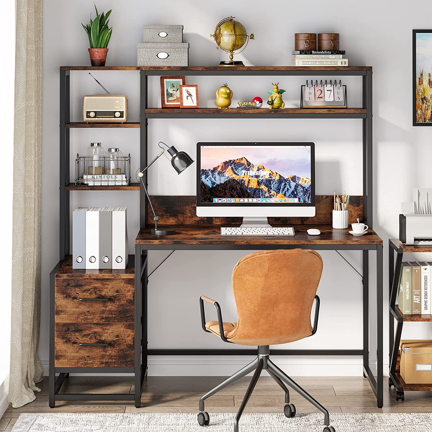 55 Inch Computer Desk with 2 Drawers and Storage Shelves, Rustic Office Desk with Hutch, Study Writing Gaming Table Laptop Workstation for Home Office (Brown)
