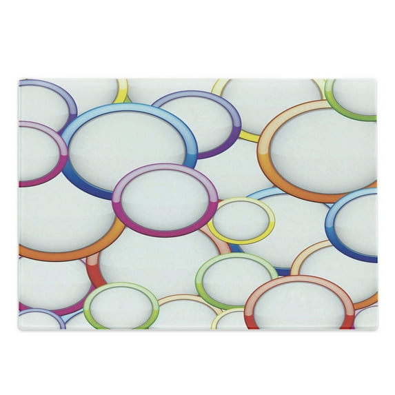 Geometric Cutting Board, Abstract Chained Colorful Bubbles and Circles Round Patterns Contemporary Art, Decorative Tempered Glass Cutting and Serving Board, Large Size, Multicolor, by Ambesonne