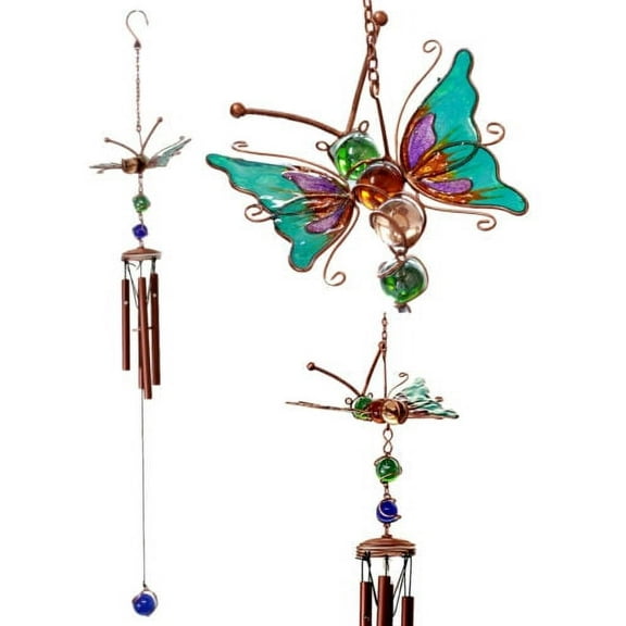 Ebros Gift Stained Glass 23.25” Multi-colored Copper Metal Butterfly Wind Chime