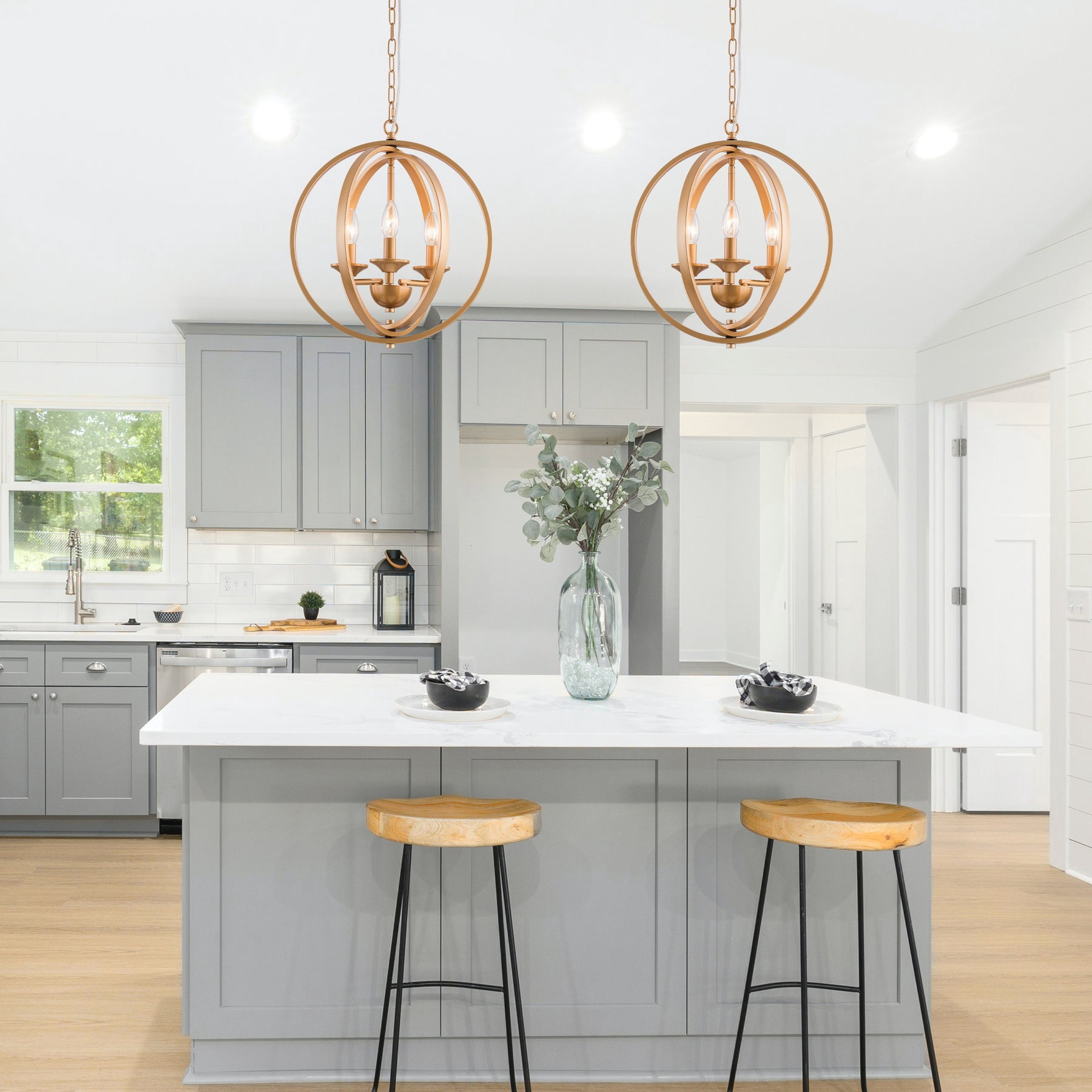 UHG 3-Light Orb Chandelier Modern, Globe Elegant Rustic Farmhouse Flush Mount Ceiling Light Fixture, Metal Pendant Lighting for Living&Dining Room Bedroom Hallway Kitchen Island Foyer
