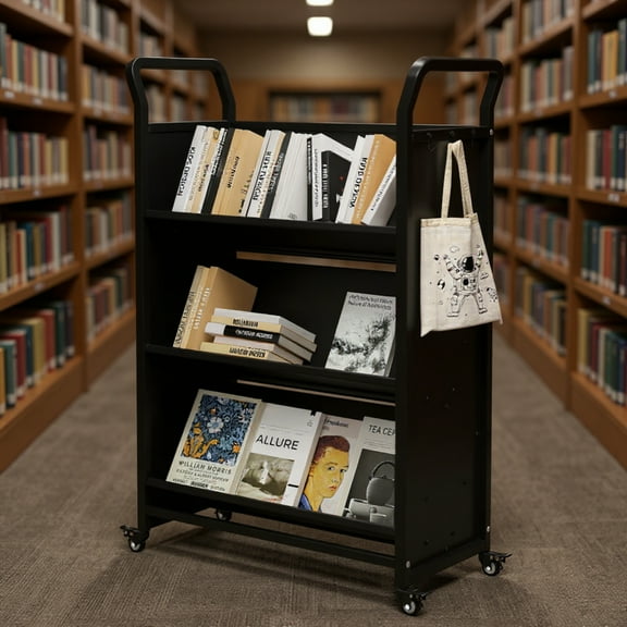 Garvee 3-Tier Rolling Book Cart on Wheels, V-Shaped Storage Bookshelf with Side Hooks for Library, School, Home, Black