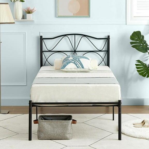 VECELO Twin Size Metal Bed Frame with Headboard, Heavy Duty Steel Slat Support with Under-Bed Storage Platform Bed, No Box Spring Needed, Black