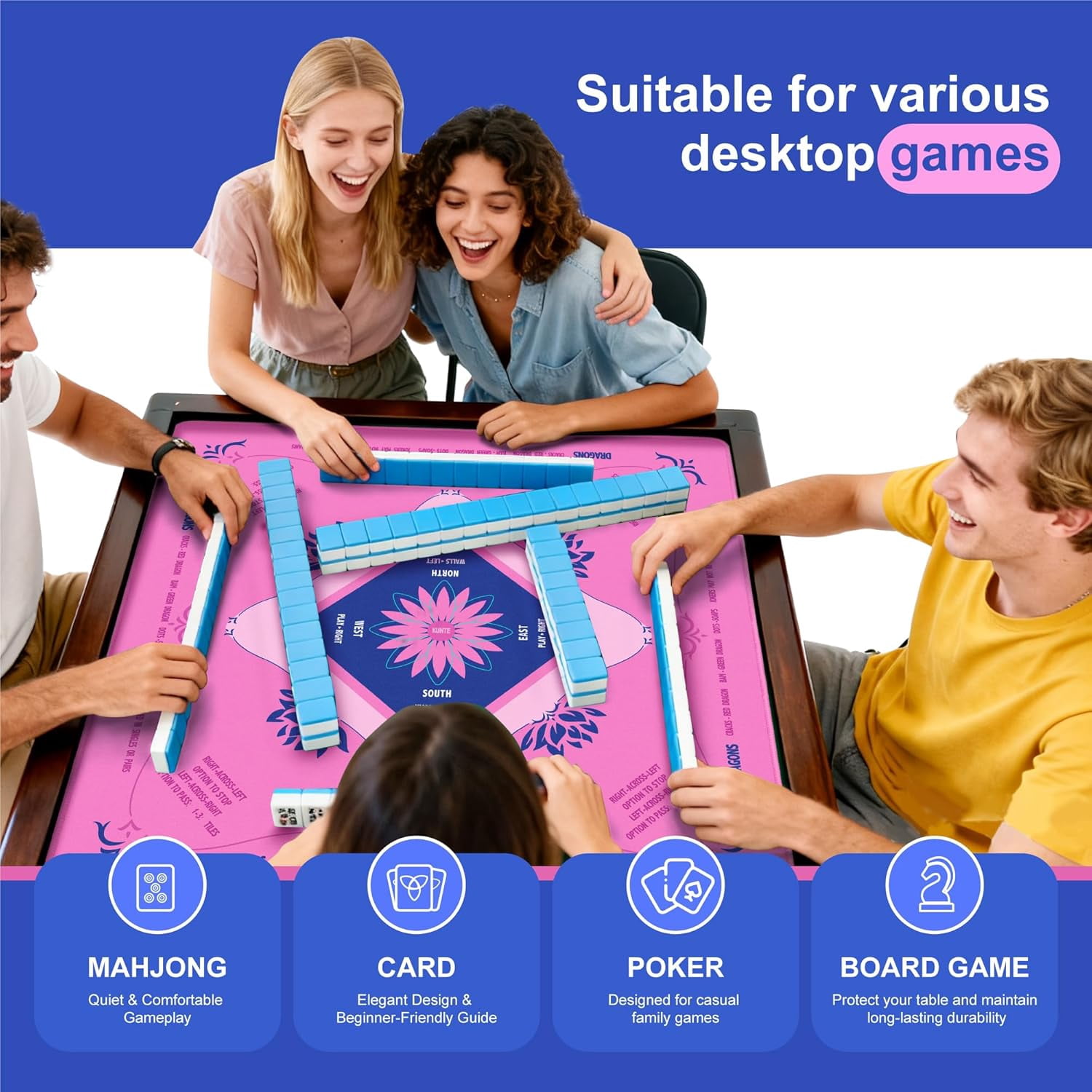 Mahjong Mat for Table, American Mahjong Mat with Printed Rules, 32x32 Inch Non-Slip, Quiet and Foldable Game Mat, Includes Portable Tote Bag (Pink)