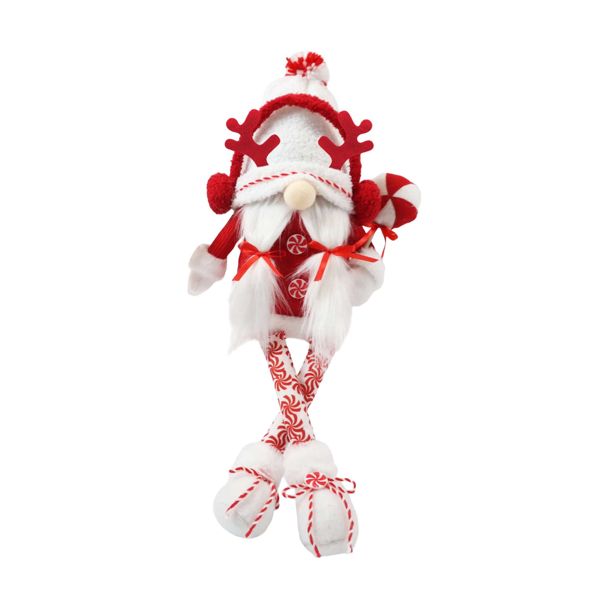 Holiday time white hat Gnome Decoration,24 inch height,red and white colour, Holiday time Gnome sitting Decoration,24 inches Height,Body is red corduroy fabric,Hat is white Fleece Fabric With ear warmer decoration,holding a candy cane in his hand.they are elderly with white plush beard,the appearance is cute.