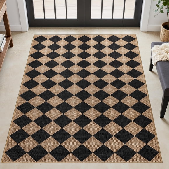 Dadasgk Checkered Easy Jute 3x5 Outdoor Patio Rug, Washable Non Slip Rugs for Entryway,Textured Diamond Indoor Outdoor Living Room Carpet, Farmhouse