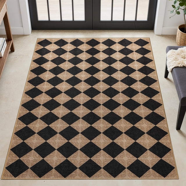 Dadasgk Checkered Easy Jute 3x5 Outdoor Patio Rug, Washable Non Slip Rugs for Entryway,Textured Diamond Indoor Outdoor Living Room Carpet, Farmhouse
