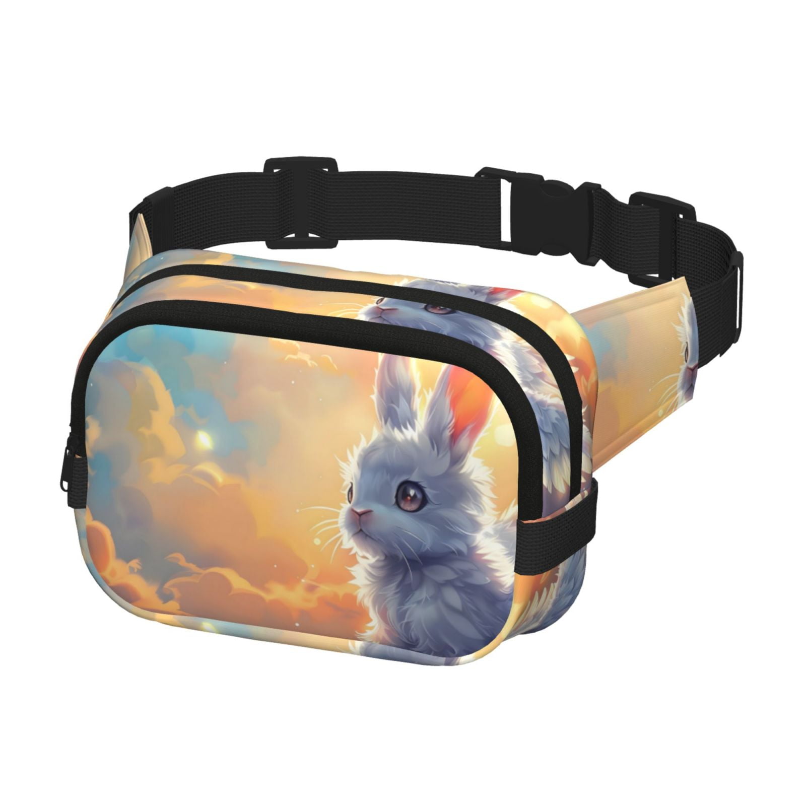 Picia Sunshine Colorful Cloud Rabbit Print Square Double-Layer Waist Bag Mini Adjustable Waist Belt Bag Exercise Running Travel Hiking