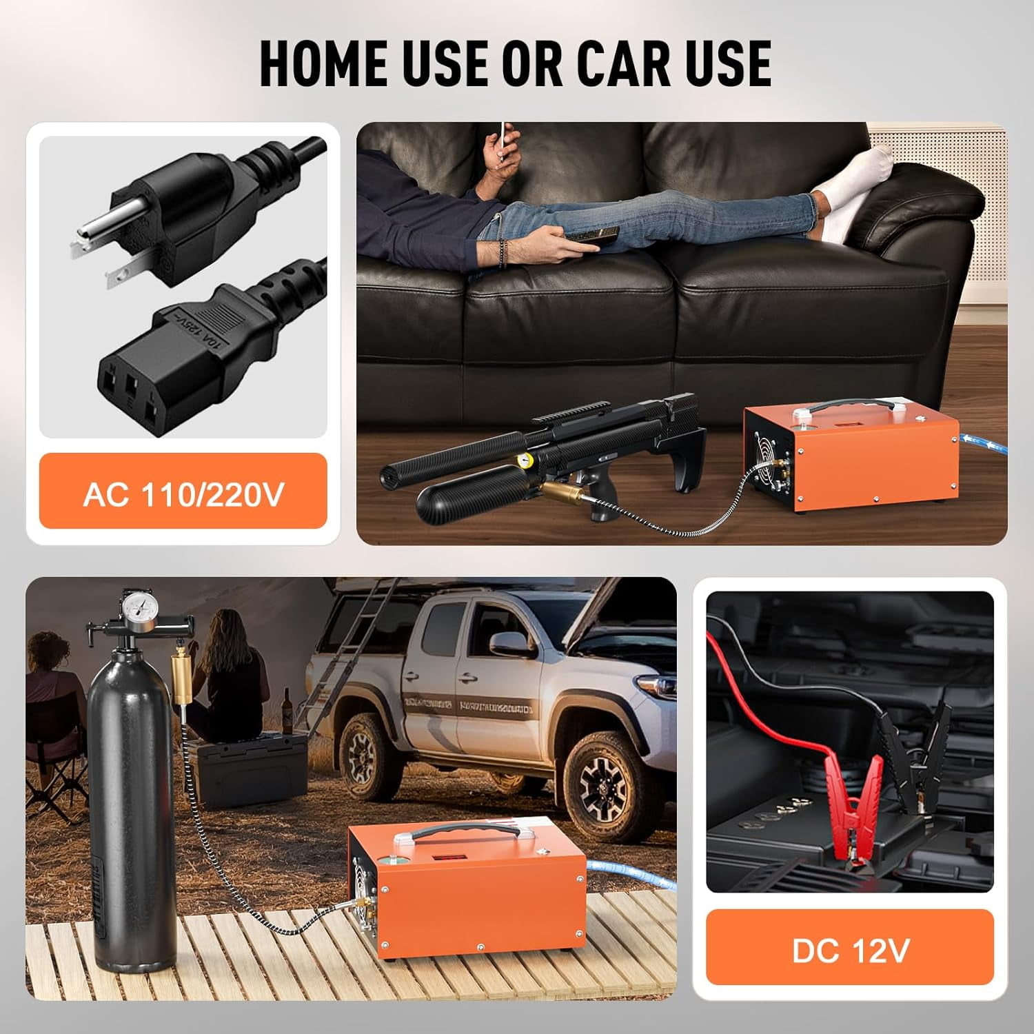 PCP Air Compressor, Max 4500 PSI / 300 Bar, Fast Fill for Airguns or Paintball Tank, Auto Shut-Off, Dual Power Car 12V DC or Home 120V AC, Built-in Cooling Fan, Portable Pcp Pump(Auto-Stop)