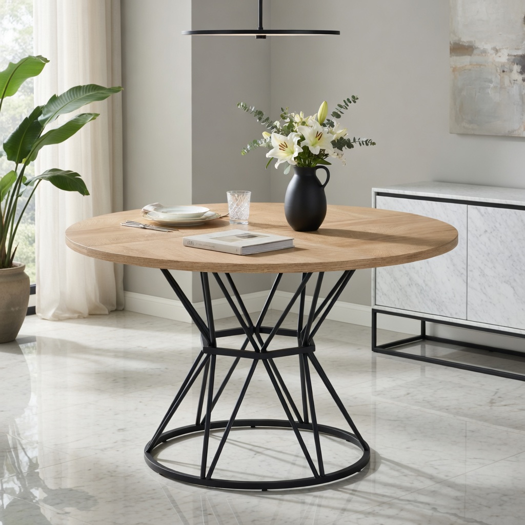 Hommoo 47.3-inch Round Dining Table for 4-6 People, Light Wood Grain MDF Top & Hourglass Metal Base, Modern Industrial Style Kitchen or Dining Room Table, Natural & Black