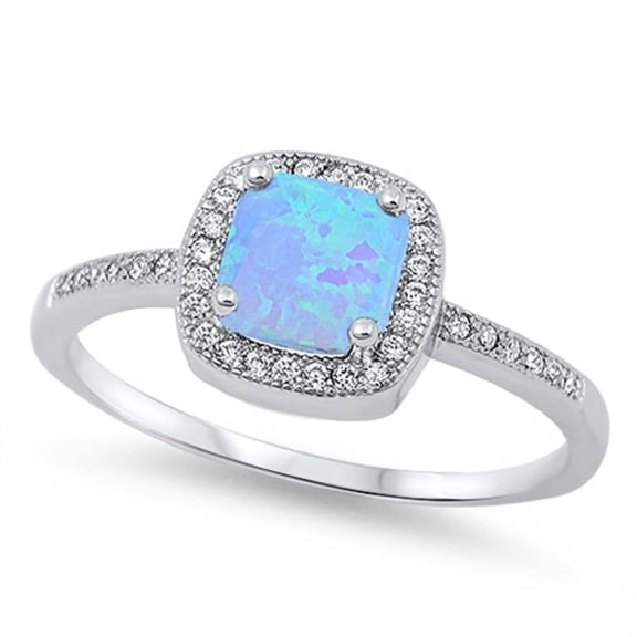Princess Halo Light Blue Simulated Opal Ring Sterling Silver