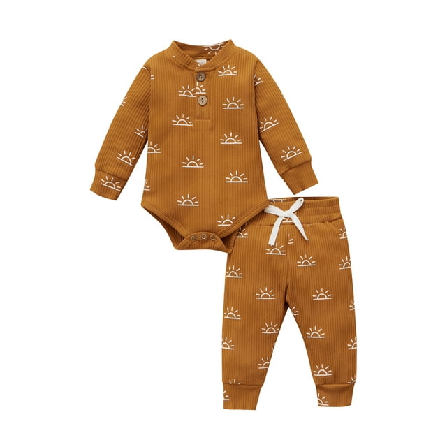 Kmbangi Ensemble 2 Pcs pour Tout-Petit, Barboteuse Soleil à Col Henley à Manches Longues + Pantalon