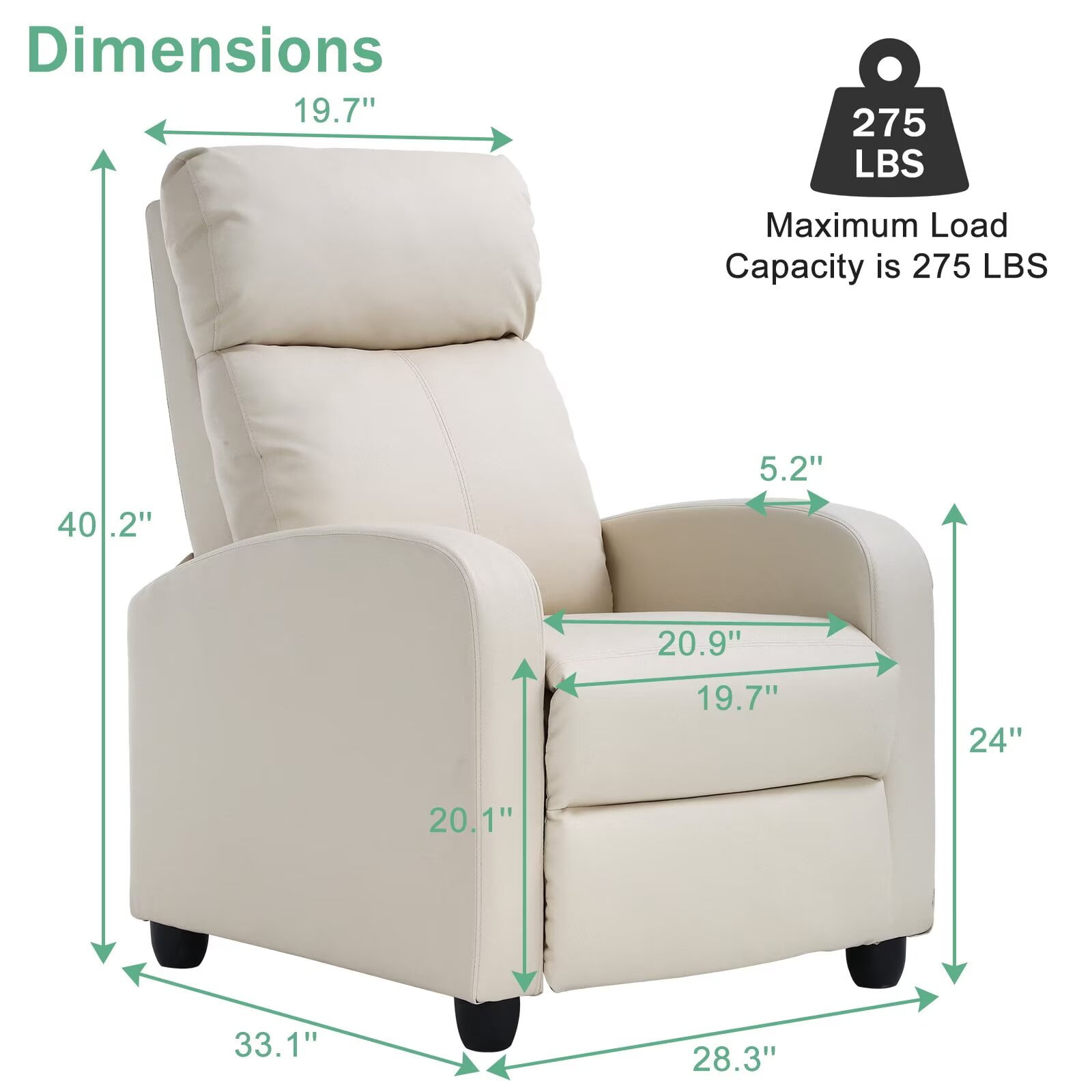 YRLLENSDAN Fabric Recliner Chair for Living Room Home Theater Seating, Adjustable Single Sofa for Adults, Reading Chair with Padded Seat Backrest and Footrest, Beige