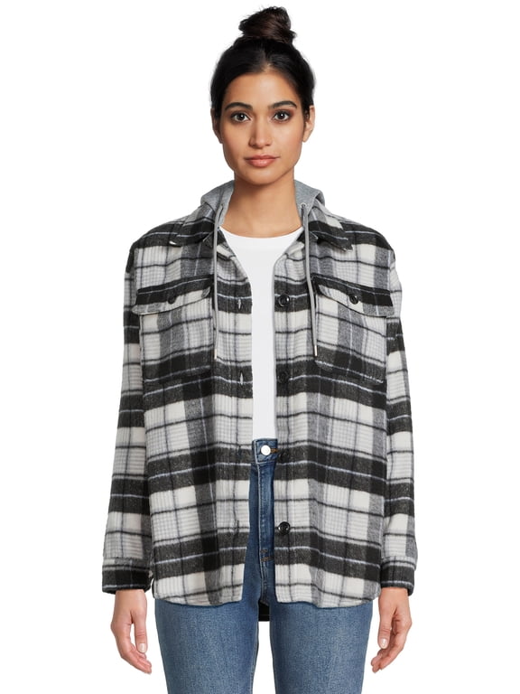 Juniors Shirt Jacket With Hood, Sizes XS-3XL