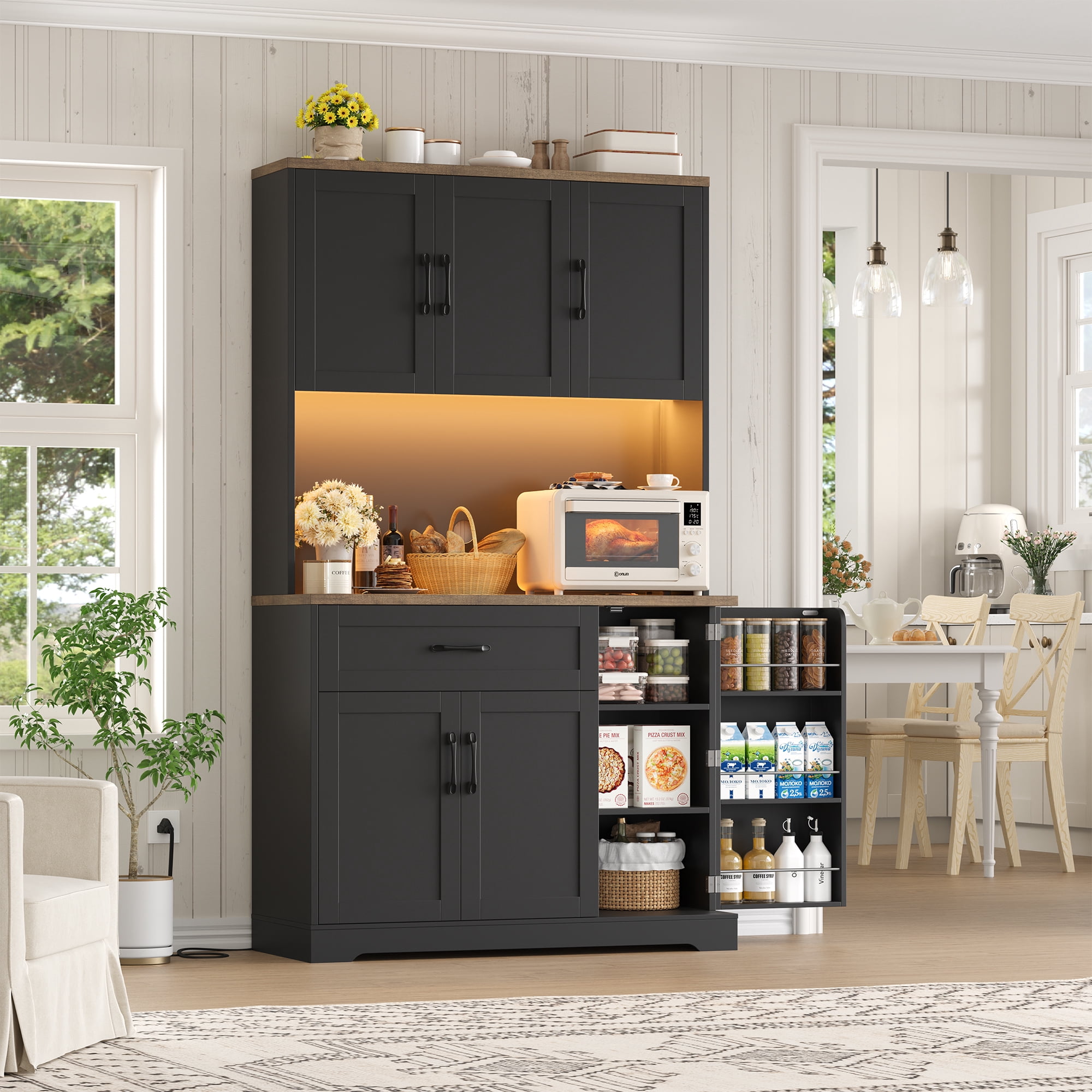 Hiphuta 71”Tall Modern Pantry Cabinet with Power Outlet & LED, Freestanding Kitchen Hutch Cabinet for Dining Room, Black