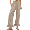 thumbnail image 3 of XIAONU Women's Ruffle Hem Wide Leg Pants Smocked High Waist Side Pocket Design Trousers Lightweight Boho Style Casual Bottoms Beige, 3 of 6