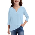 thumbnail image 3 of CCRFTGI 3/4 Length Sleeve Shirts for Child Girls Size 6 Cute Solid Raglan T-Shirt Holiday V-Neck Button Shirts Casual Fall Spring Outfit Light Blue 3-4 Years, 3 of 5