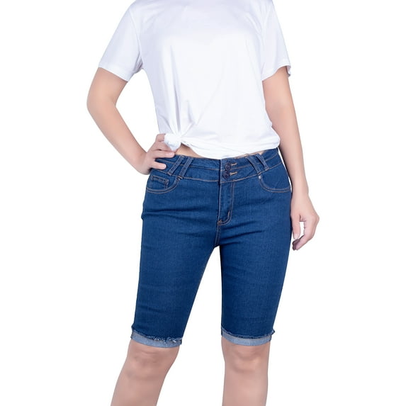 BodiLover, Women's, 5 Pocket Basic Ripped Denim Bermuda Jeans Shorts, Blue, 7