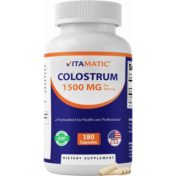 Vitamatic Bovine Colostrum 30% IgG Supplement 1500 mg per Serving - Supplement for Gut Health, Hair Growth, Beauty, Muscle Recovery, & Immune Support - 180 Veg Capsules