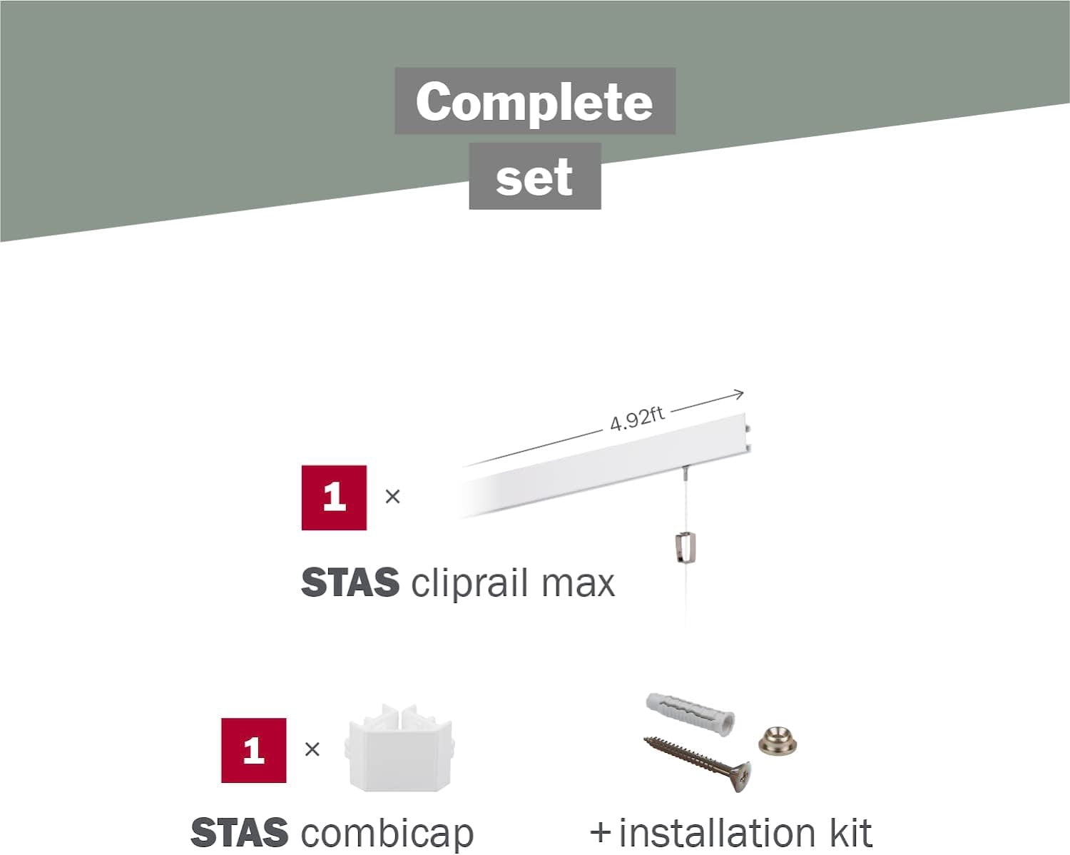 STAS Cliprail Max Picture Hanging System Set White - Rail System for Art and Pictures Without Nails - Mirror Track System - Covers 4.92ft 150 cm of Wall Space + Installation Kit