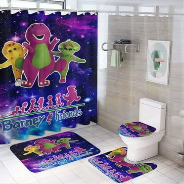 4 Piece Barney And Friends Shower Curtain Set with Non-Slip Rug, Toilet Lid Cover, Bath Mat and 12 Hooks, Waterproof Shower Curtain Set for Bathroom