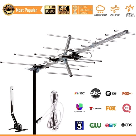Five Star Outdoor HDTV Antenna - 200 Mile Range, Built-in Amplifier, Weatherproof Design, No Power Needed