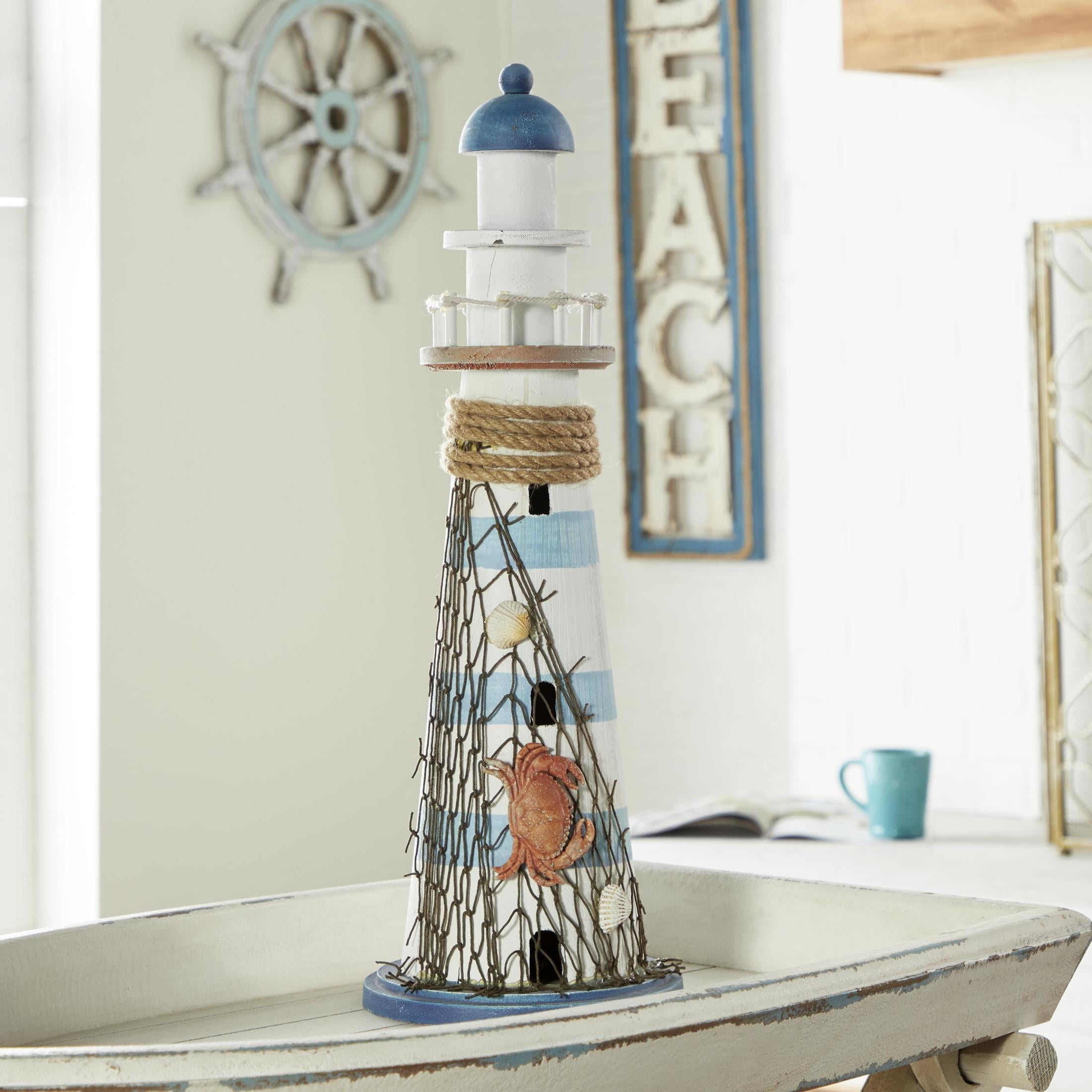 7" x 16" Blue Wood Light House Sculpture with Netting, by DecMode